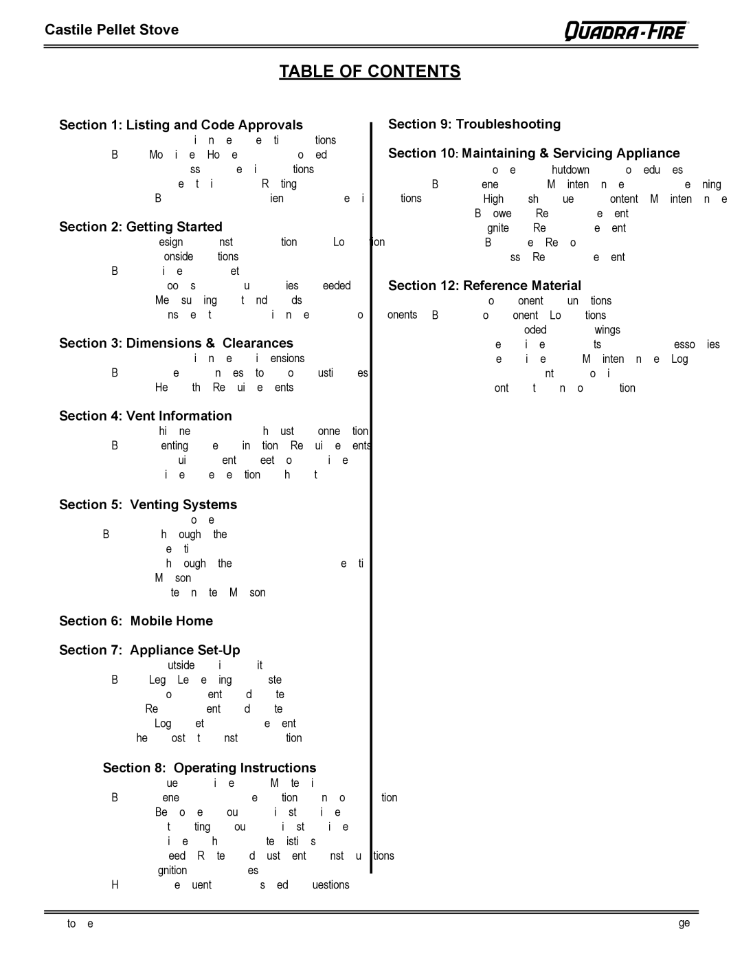 Quadra-Fire CASTILE-PMH, CASTILE-MBK, CASTILE-CLG, CASTILE-CCR owner manual Table of Contents 