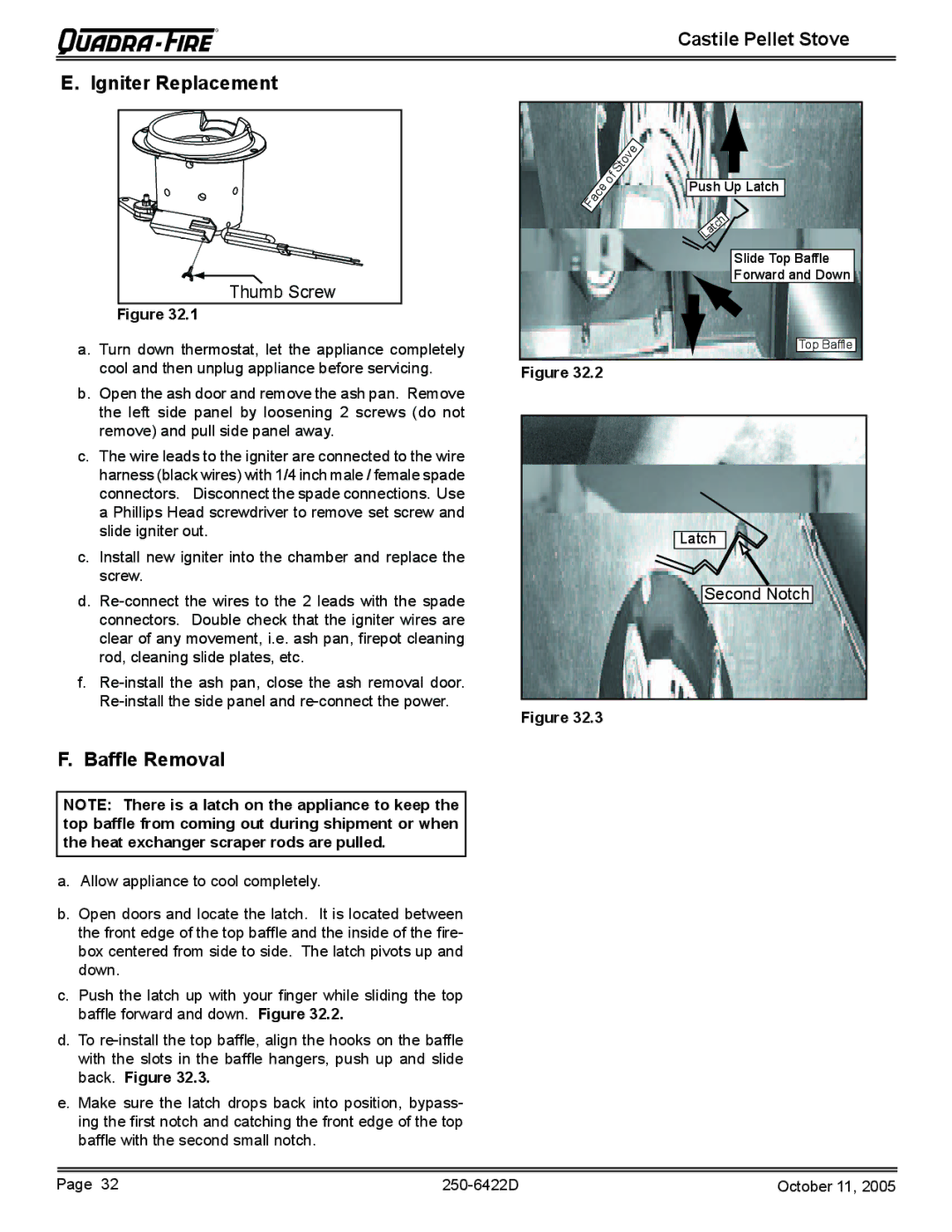 Quadra-Fire CASTILE-MBK, CASTILE-CLG, CASTILE-CCR, CASTILE-PMH owner manual Igniter Replacement, Thumb Screw 