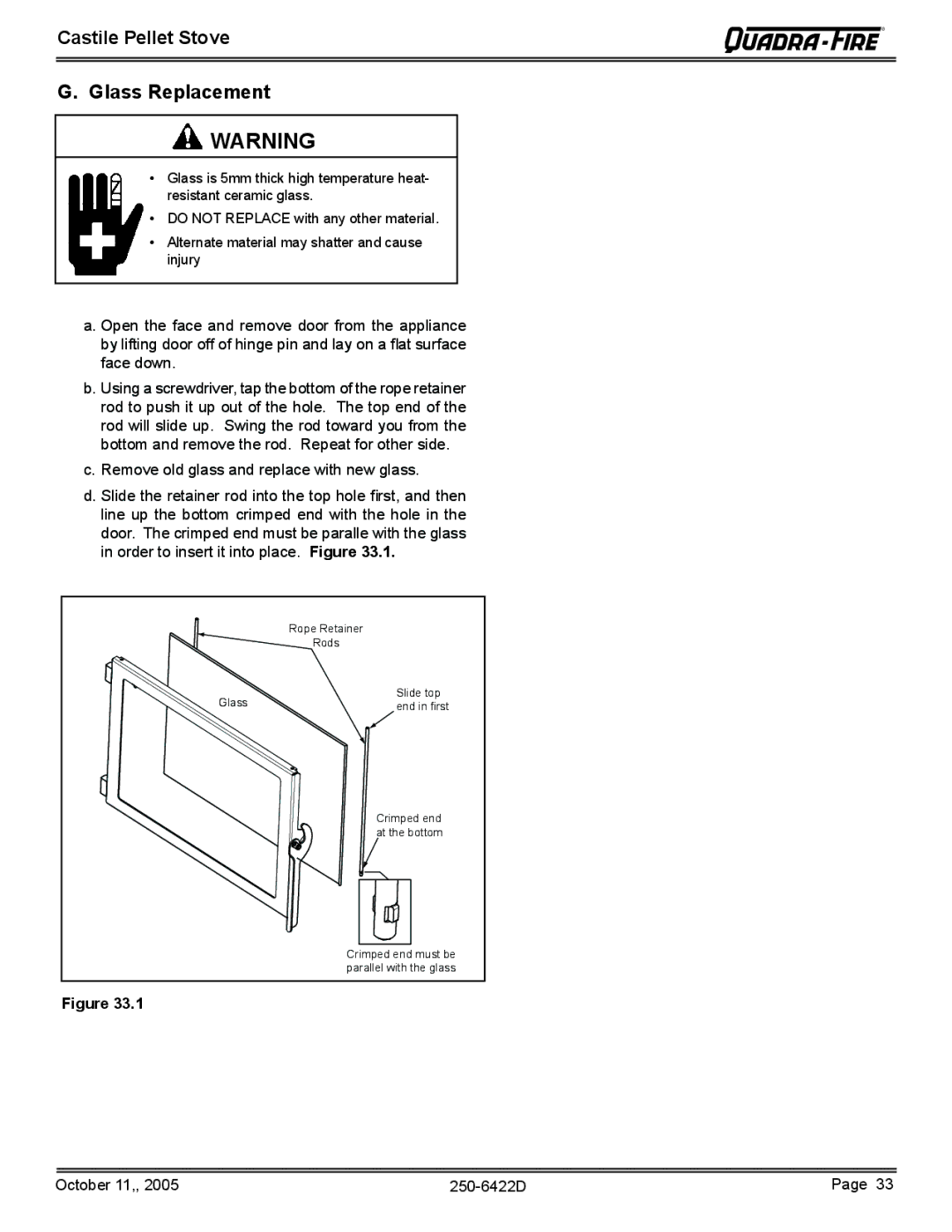 Quadra-Fire CASTILE-CLG, CASTILE-MBK, CASTILE-CCR, CASTILE-PMH owner manual Glass Replacement 