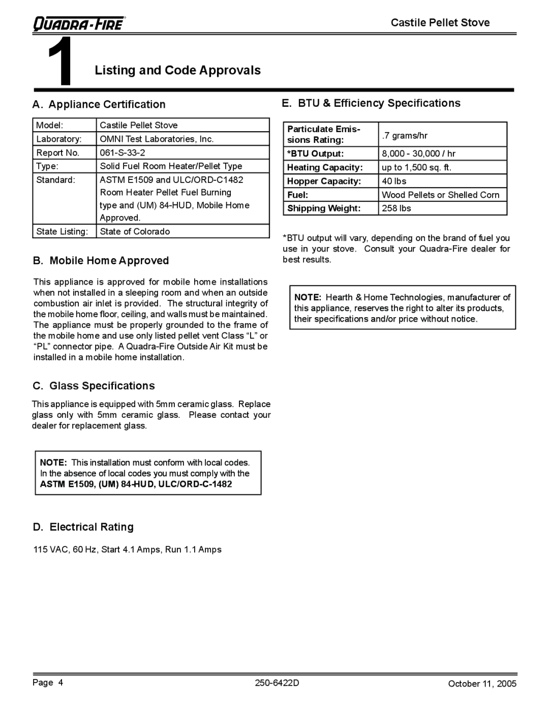 Quadra-Fire CASTILE-MBK, CASTILE-CLG, CASTILE-CCR, CASTILE-PMH owner manual Listing and Code Approvals 