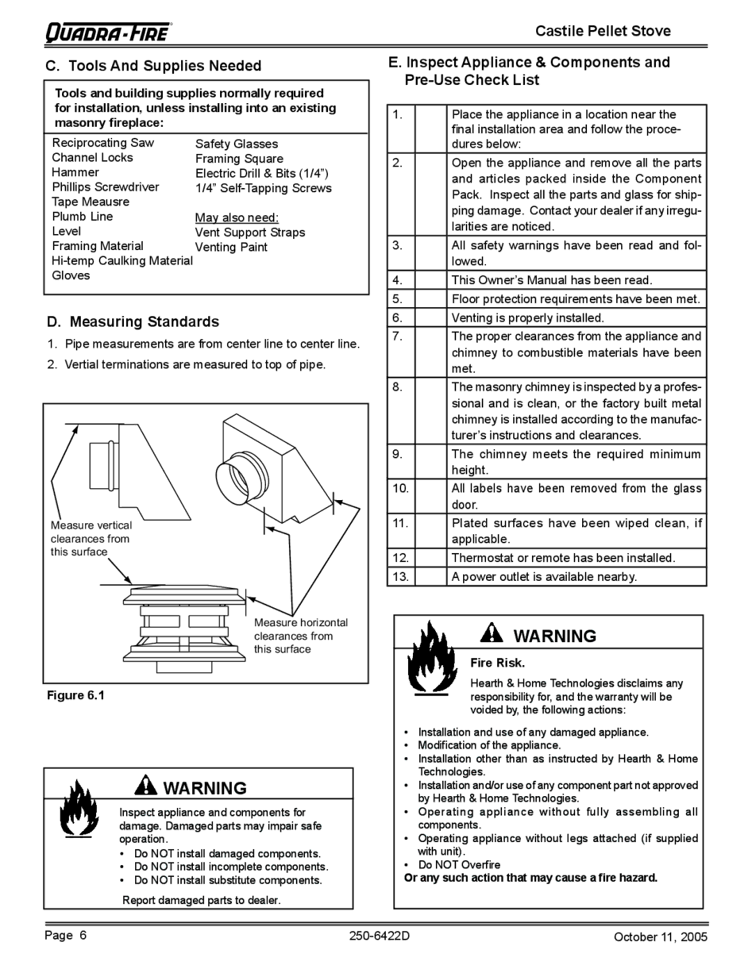 Quadra-Fire CASTILE-CCR, CASTILE-MBK Castile Pellet Stove Tools And Supplies Needed, Measuring Standards, Fire Risk 