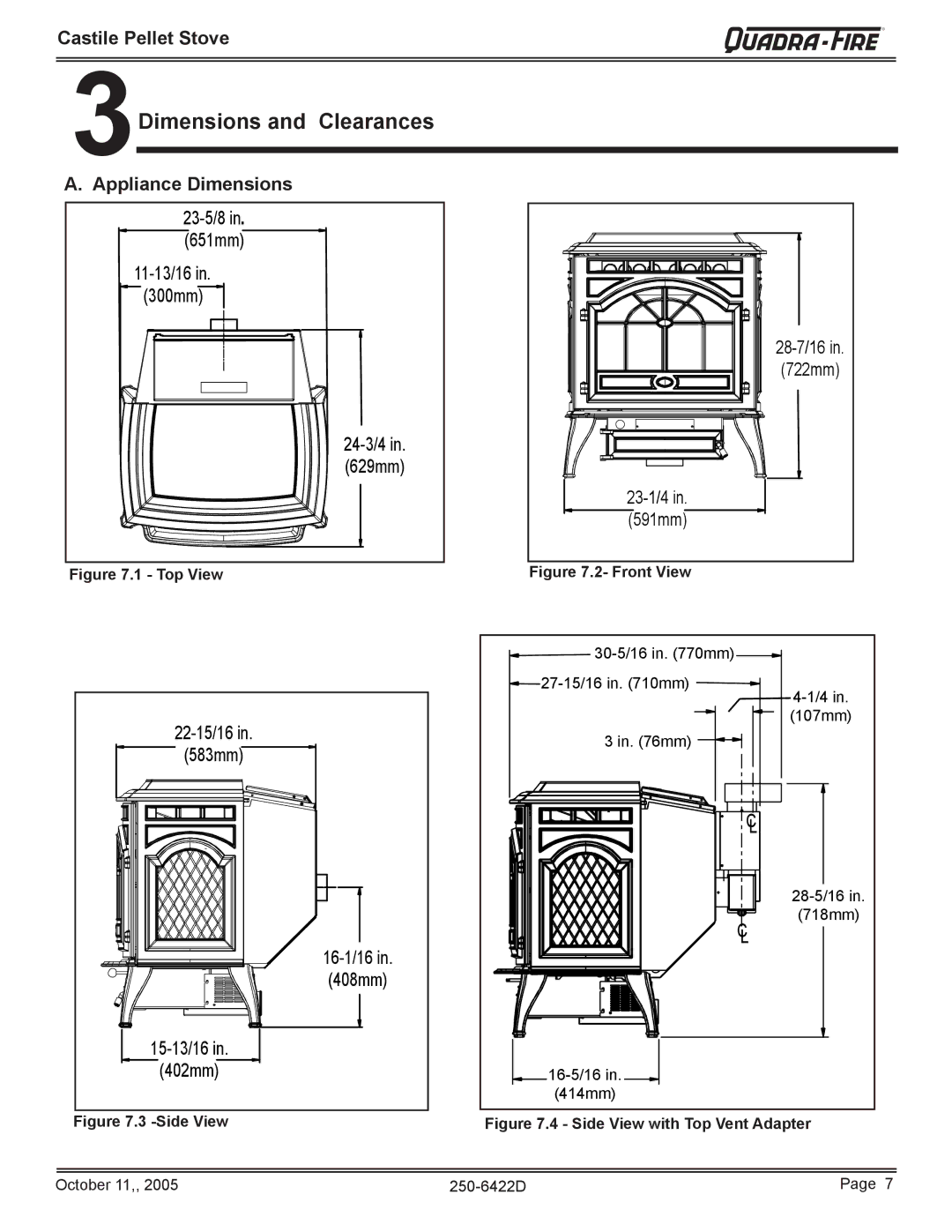 Quadra-Fire CASTILE-PMH, CASTILE-MBK, CASTILE-CLG, CASTILE-CCR owner manual 3Dimensions and Clearances, Appliance Dimensions 