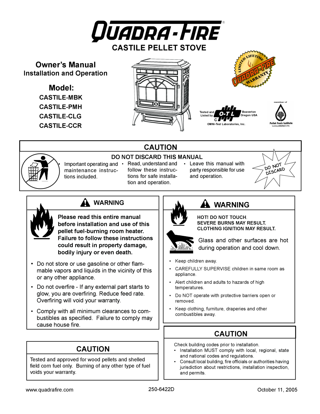 Quadra-Fire CASTILE-CLG, CASTILE-MBK, CASTILE-CCR owner manual Castile Pellet Stove, Model, Installation and Operation 