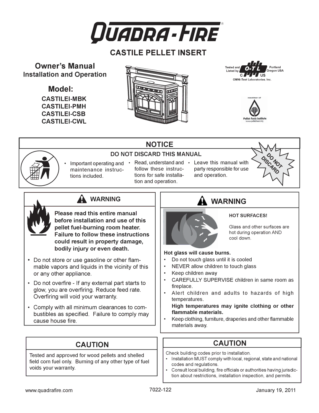 Quadra-Fire CASTILEI-MBK owner manual Castile Pellet Insert, Hot glass will cause burns 