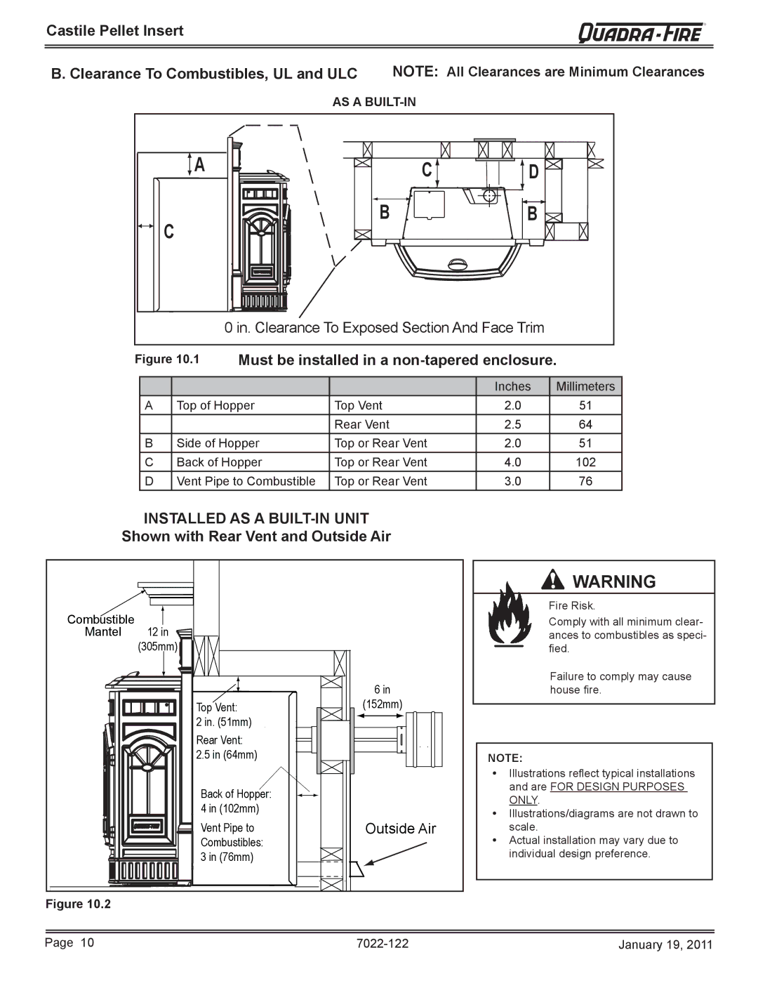 Quadra-Fire CASTILEI-MBK Castile Pellet Insert Clearance To Combustibles, UL and ULC, Shown with Rear Vent and Outside Air 