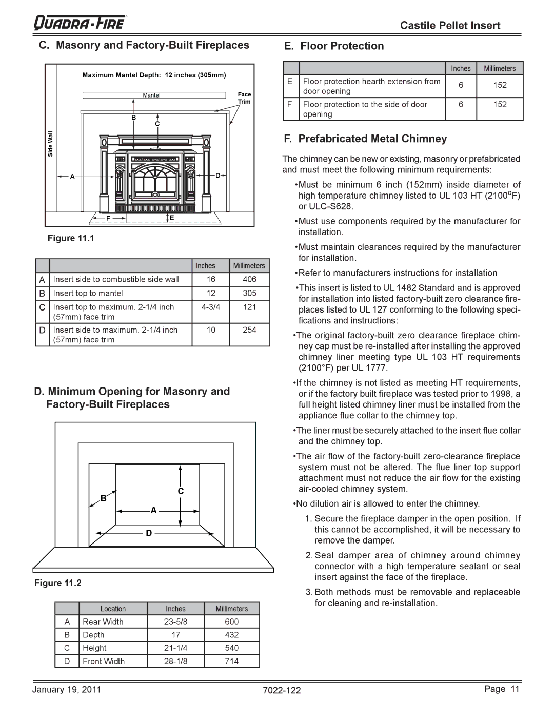 Quadra-Fire CASTILEI-MBK Minimum Opening for Masonry and Factory-Built Fireplaces, Prefabricated Metal Chimney 