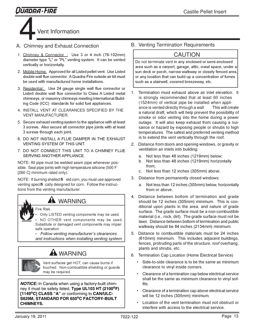 Quadra-Fire CASTILEI-MBK owner manual Vent Information, Chimney and Exhaust Connection, Venting Termination Requirements 