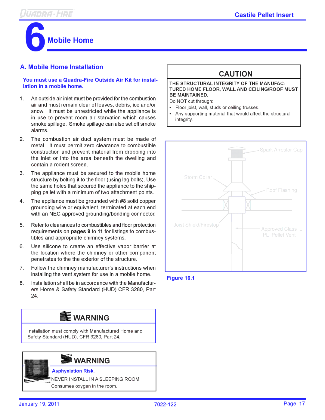 Quadra-Fire CASTILEI-MBK owner manual 6Mobile Home, Mobile Home Installation 