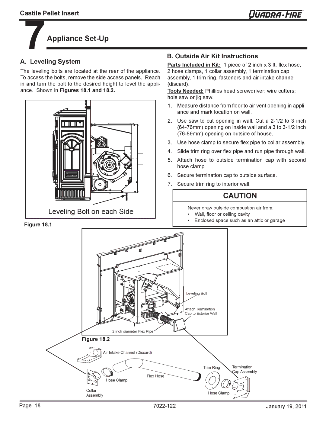 Quadra-Fire CASTILEI-MBK 7Appliance Set-Up, Outside Air Kit Instructions, Leveling System, Ance. Shown in Figures 18.1 