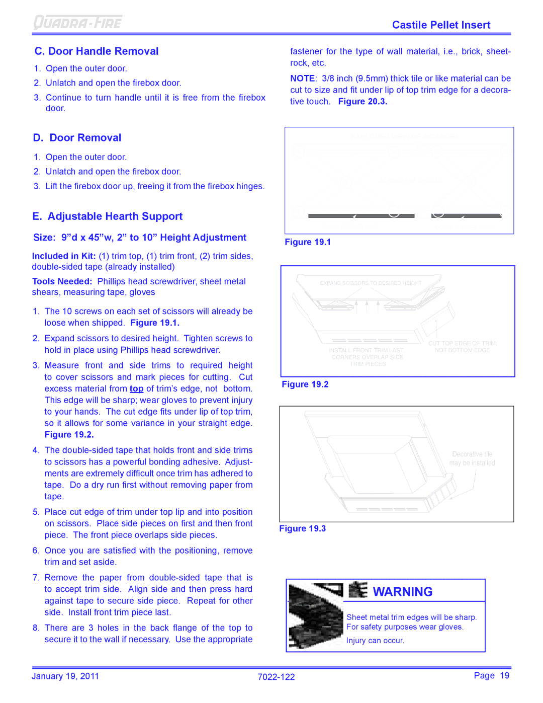 Quadra-Fire CASTILEI-MBK owner manual Castile Pellet Insert Door Handle Removal, Door Removal, Adjustable Hearth Support 