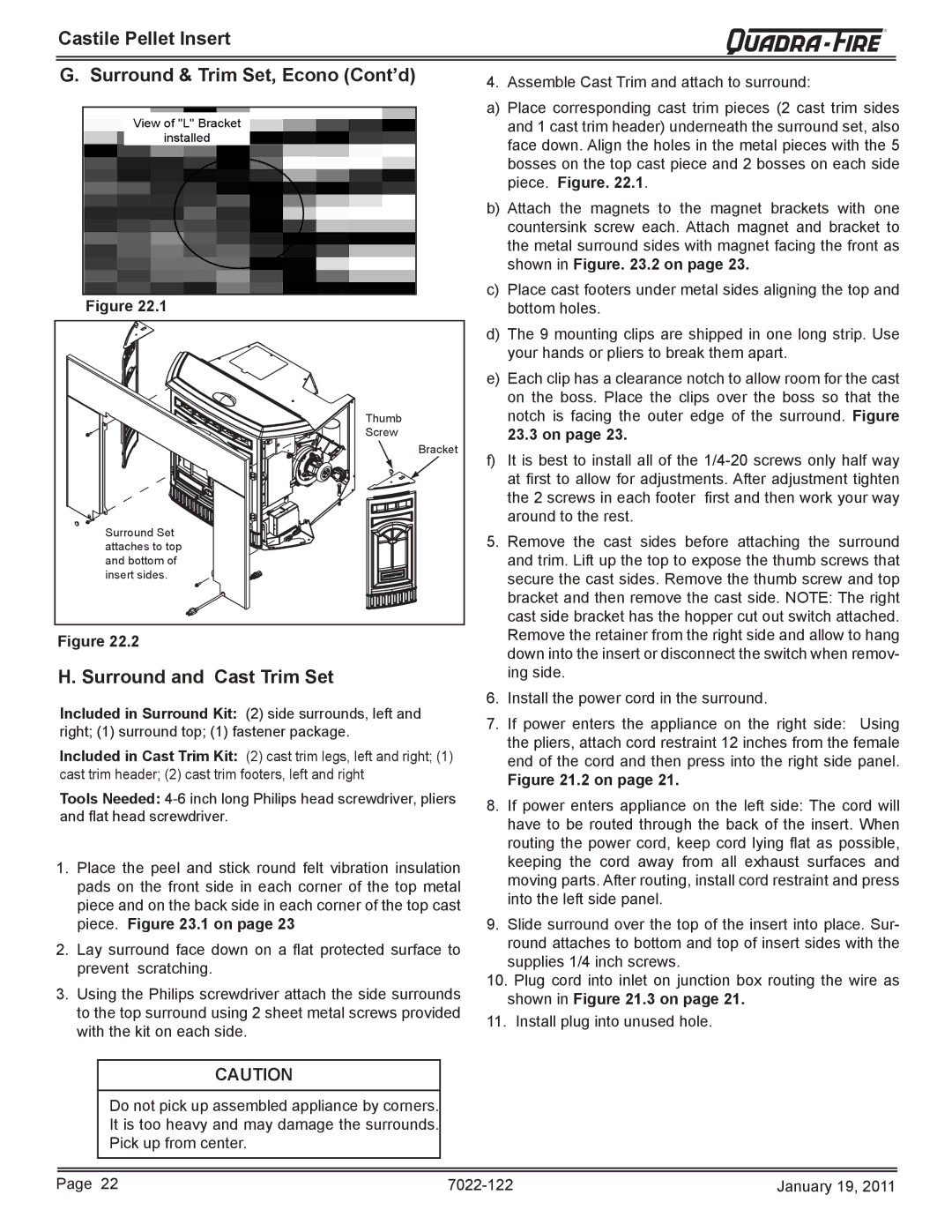 Quadra-Fire CASTILEI-MBK owner manual Castile Pellet Insert Surround & Trim Set, Econo Cont’d, Surround and Cast Trim Set 
