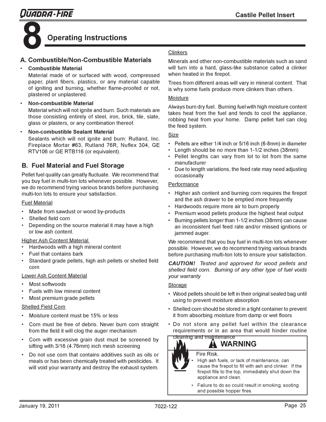 Quadra-Fire CASTILEI-MBK Operating Instructions, Combustible/Non-Combustible Materials, Fuel Material and Fuel Storage 