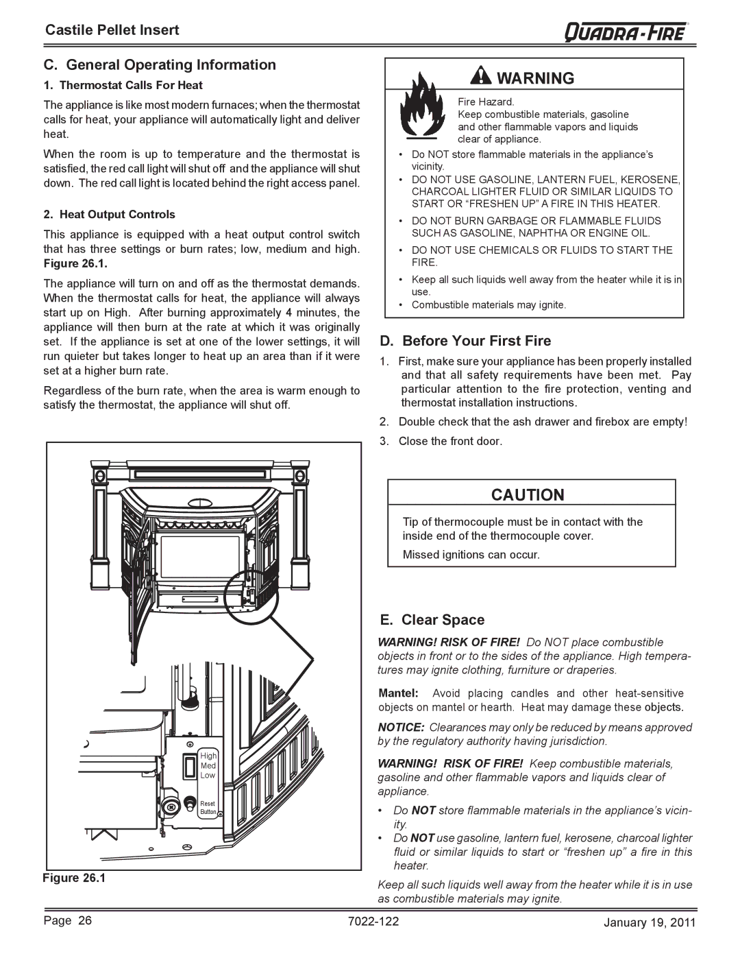 Quadra-Fire CASTILEI-MBK Castile Pellet Insert General Operating Information, Before Your First Fire, Clear Space 