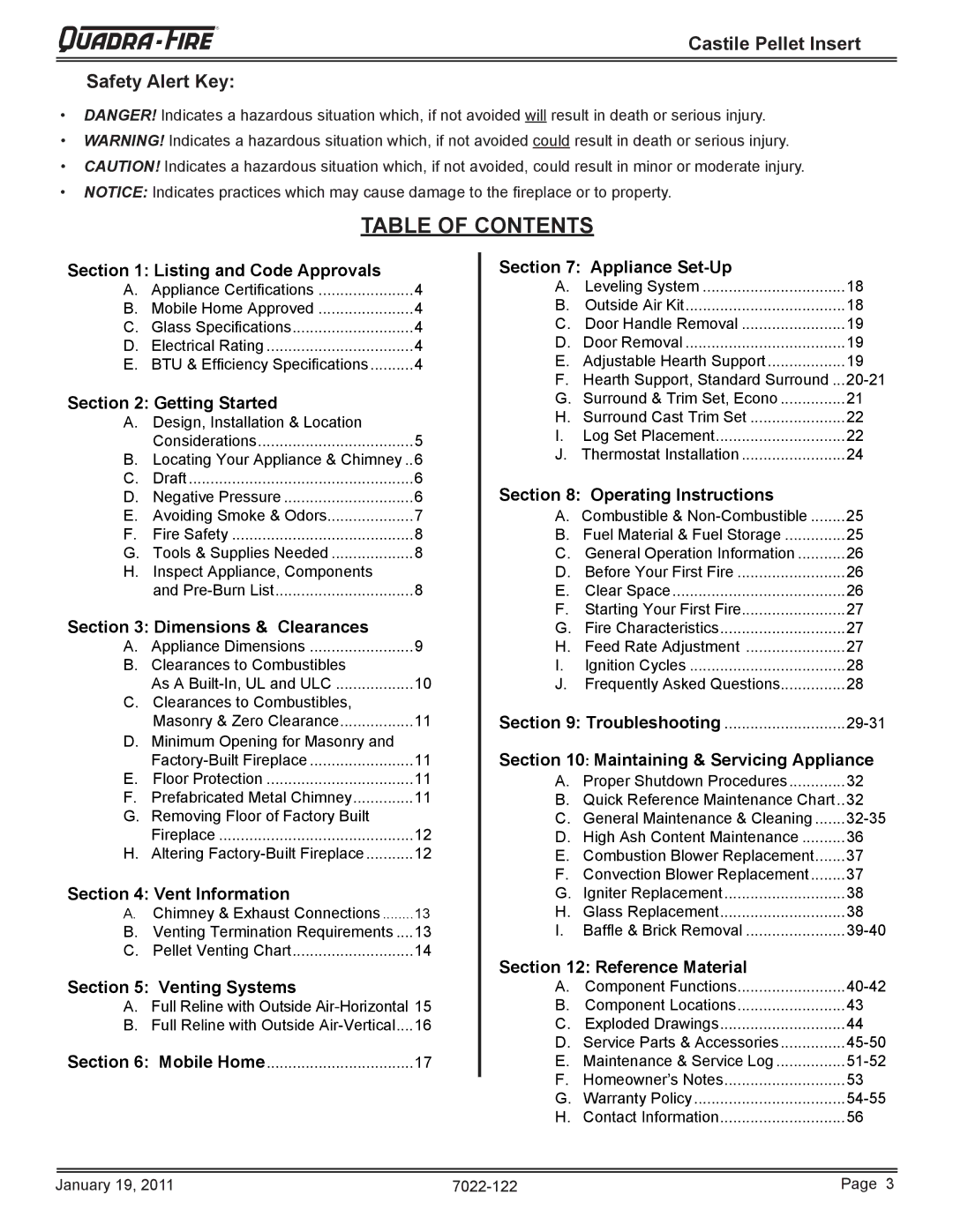 Quadra-Fire CASTILEI-MBK owner manual Table of Contents 