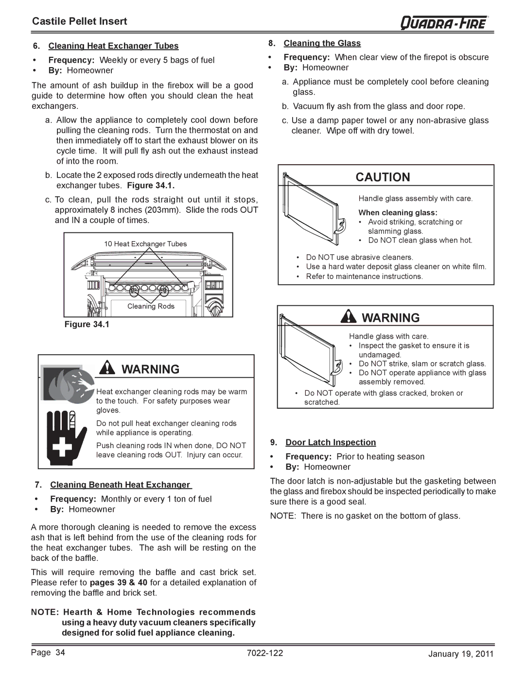 Quadra-Fire CASTILEI-MBK owner manual Cleaning Heat Exchanger Tubes, Cleaning Beneath Heat Exchanger, Cleaning the Glass 