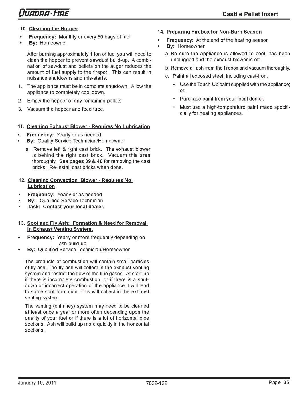 Quadra-Fire CASTILEI-MBK owner manual Cleaning the Hopper, Cleaning Exhaust Blower Requires No Lubrication 