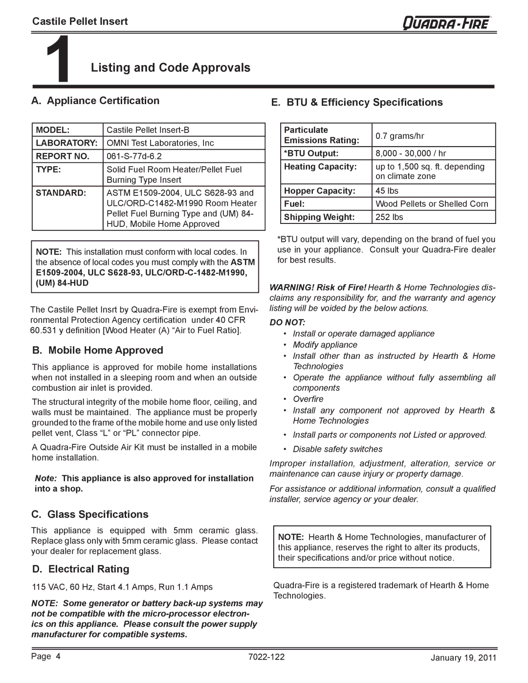 Quadra-Fire CASTILEI-MBK owner manual Listing and Code Approvals, Appliance Certiﬁcation BTU & Efﬁciency Speciﬁcations 