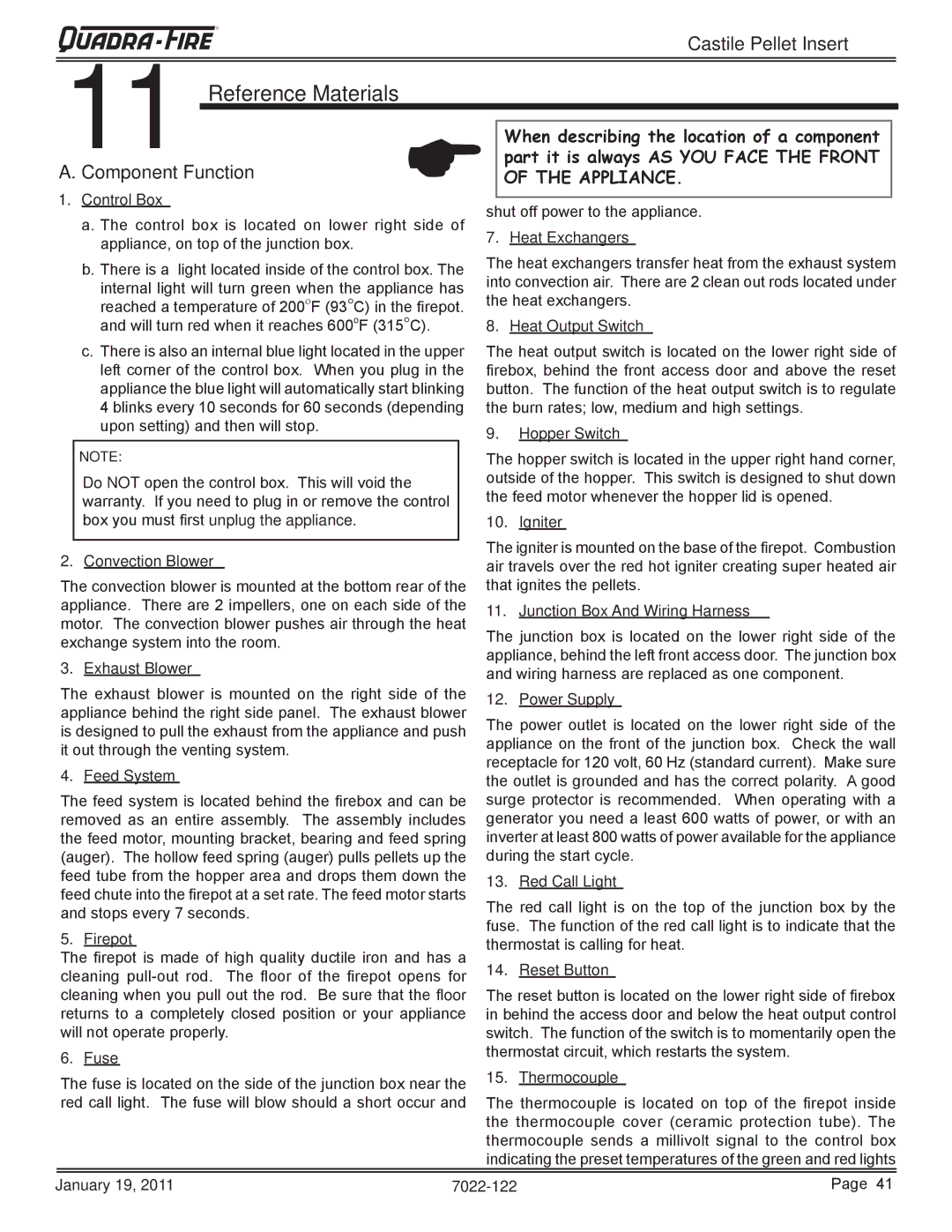 Quadra-Fire CASTILEI-MBK owner manual Reference Materials, Component Function 