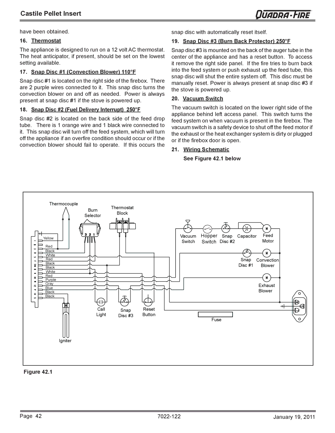 Quadra-Fire CASTILEI-MBK Thermostat, Snap Disc #1 Convection Blower 110F, Snap Disc #2 Fuel Delivery Interrupt 250F 