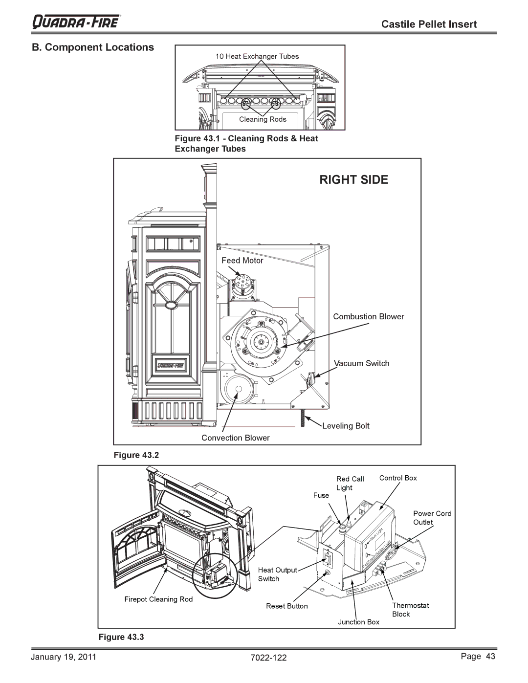 Quadra-Fire CASTILEI-MBK owner manual Castile Pellet Insert Component Locations, Cleaning Rods & Heat Exchanger Tubes 