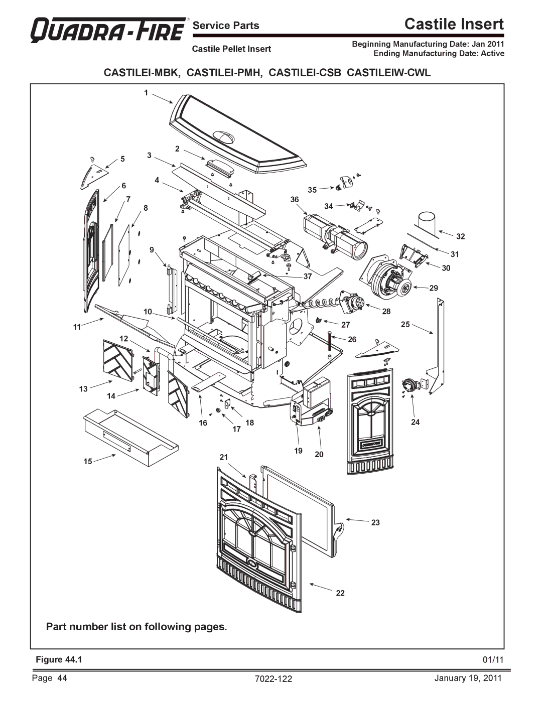 Quadra-Fire CASTILEI-MBK owner manual Service Parts, Part number list on following pages, Castile Pellet Insert 