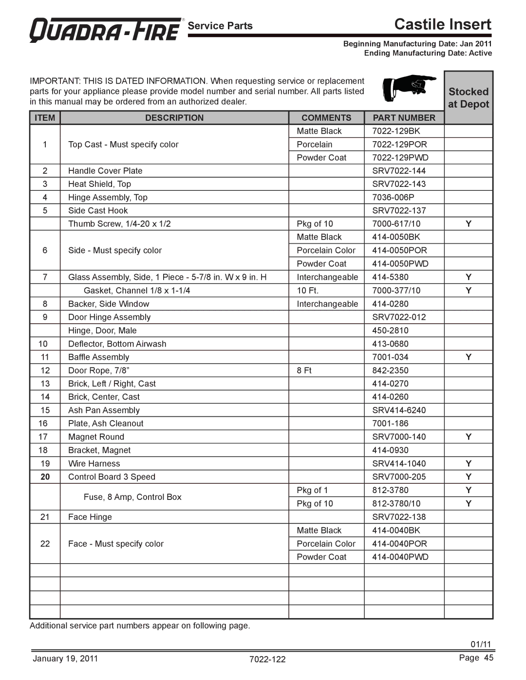 Quadra-Fire CASTILEI-MBK owner manual At Depot, Stocked 