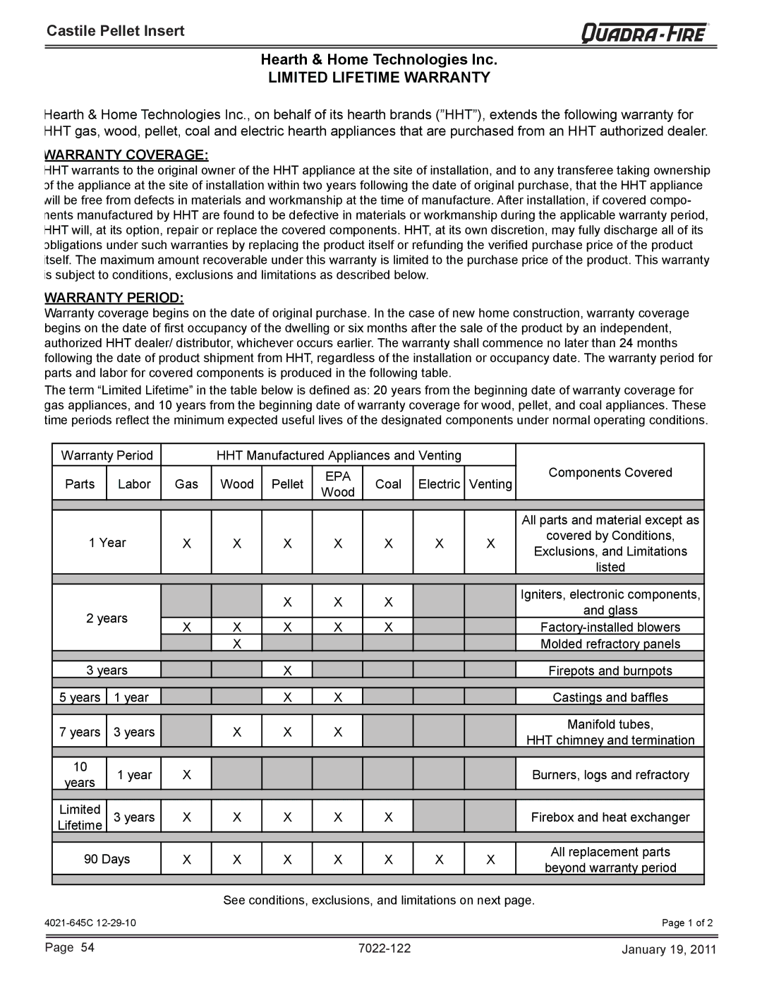 Quadra-Fire CASTILEI-MBK owner manual Limited Lifetime Warranty 