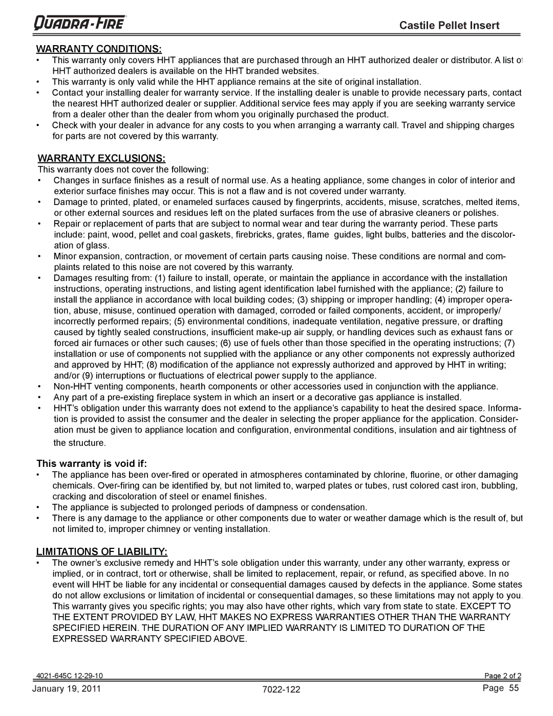 Quadra-Fire CASTILEI-MBK owner manual Warranty Conditions 