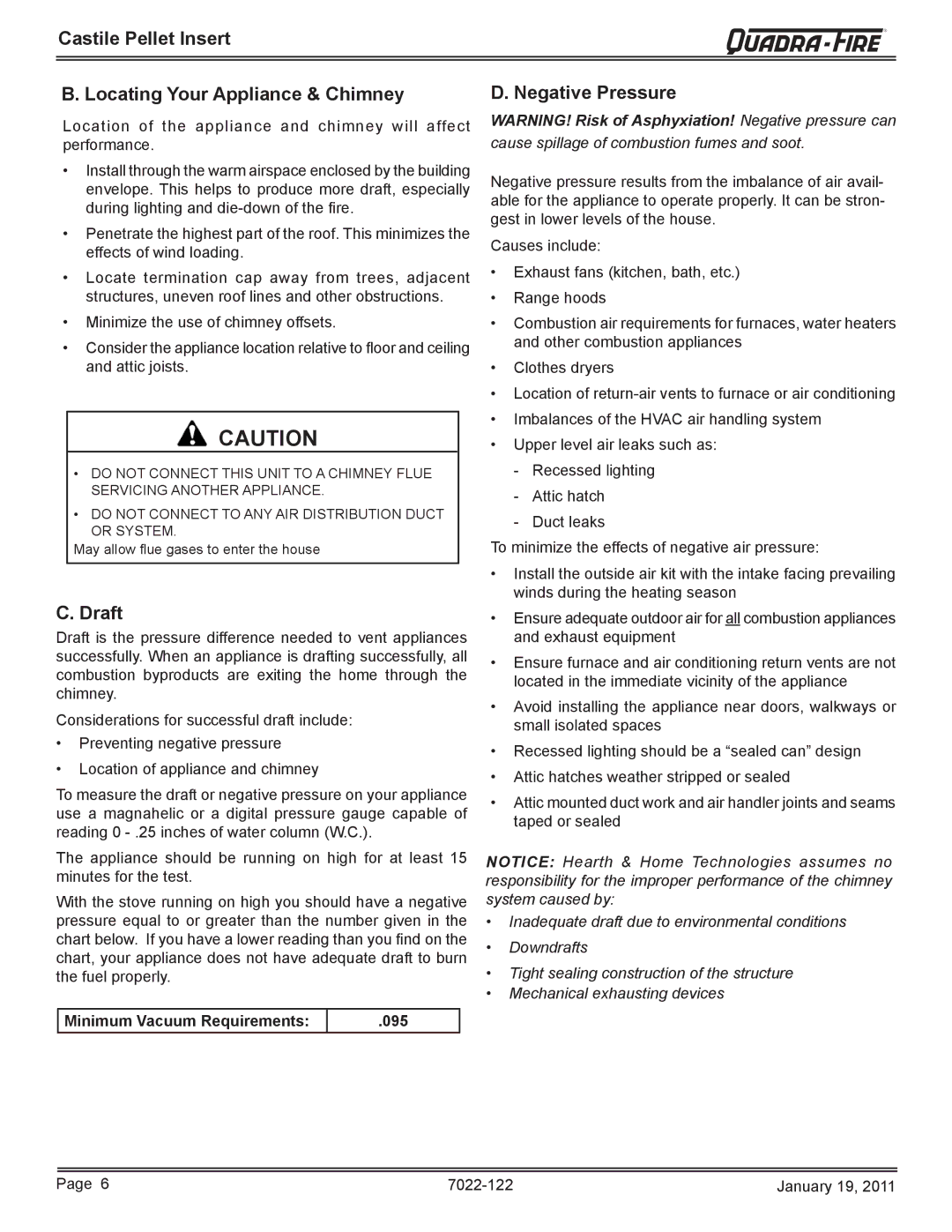 Quadra-Fire CASTILEI-MBK owner manual Castile Pellet Insert Locating Your Appliance & Chimney, Draft, Negative Pressure 