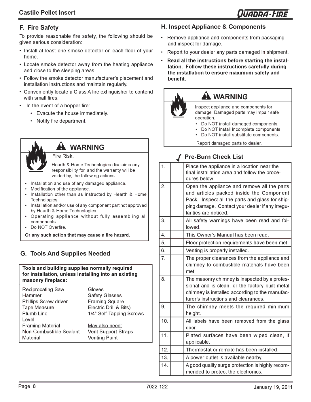 Quadra-Fire CASTILEI-MBK Castile Pellet Insert Fire Safety, Inspect Appliance & Components, Tools And Supplies Needed 