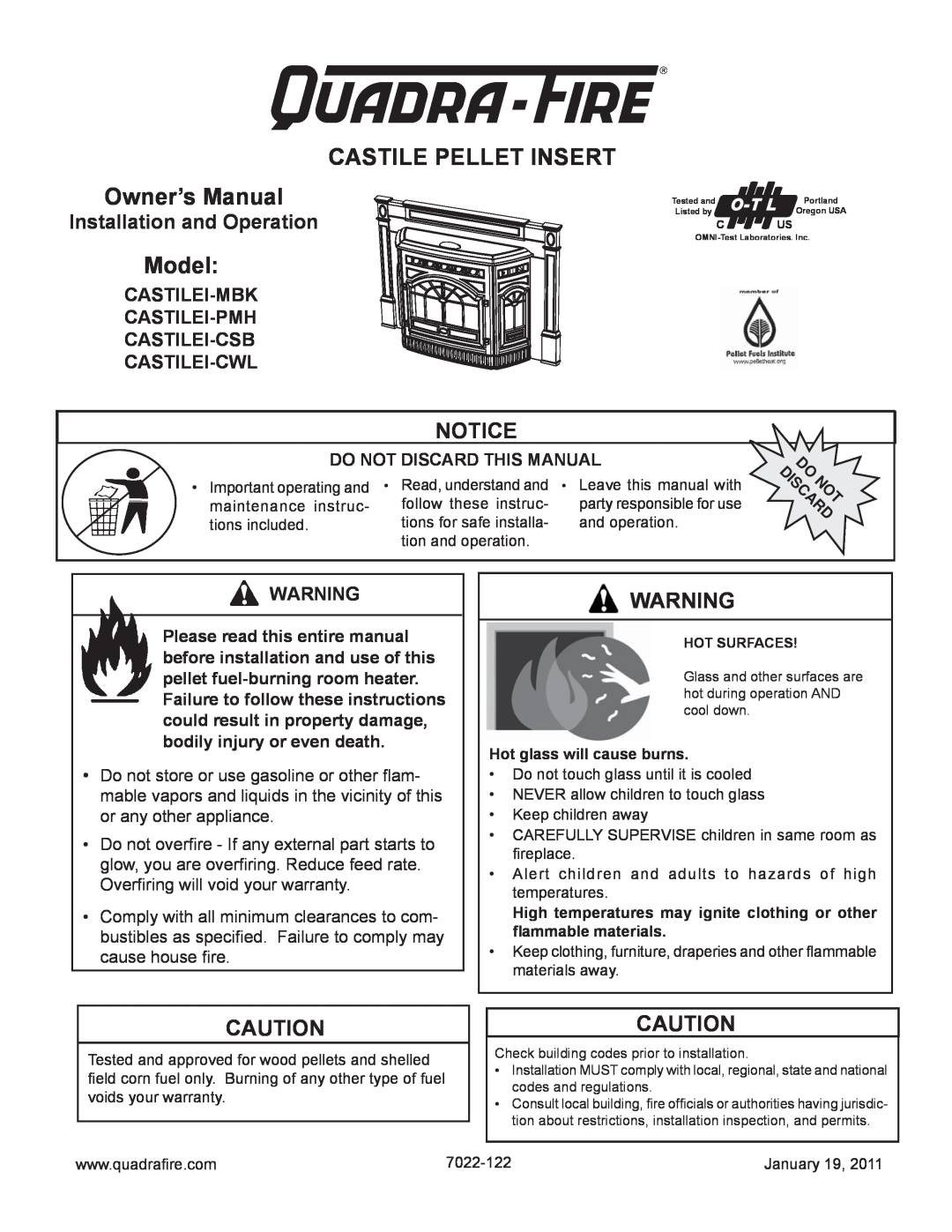 Quadra-Fire CASTILEI-MBK owner manual Notice, Installation and Operation, Castilei-Mbk Castilei-Pmh Castilei-Csb, Model 