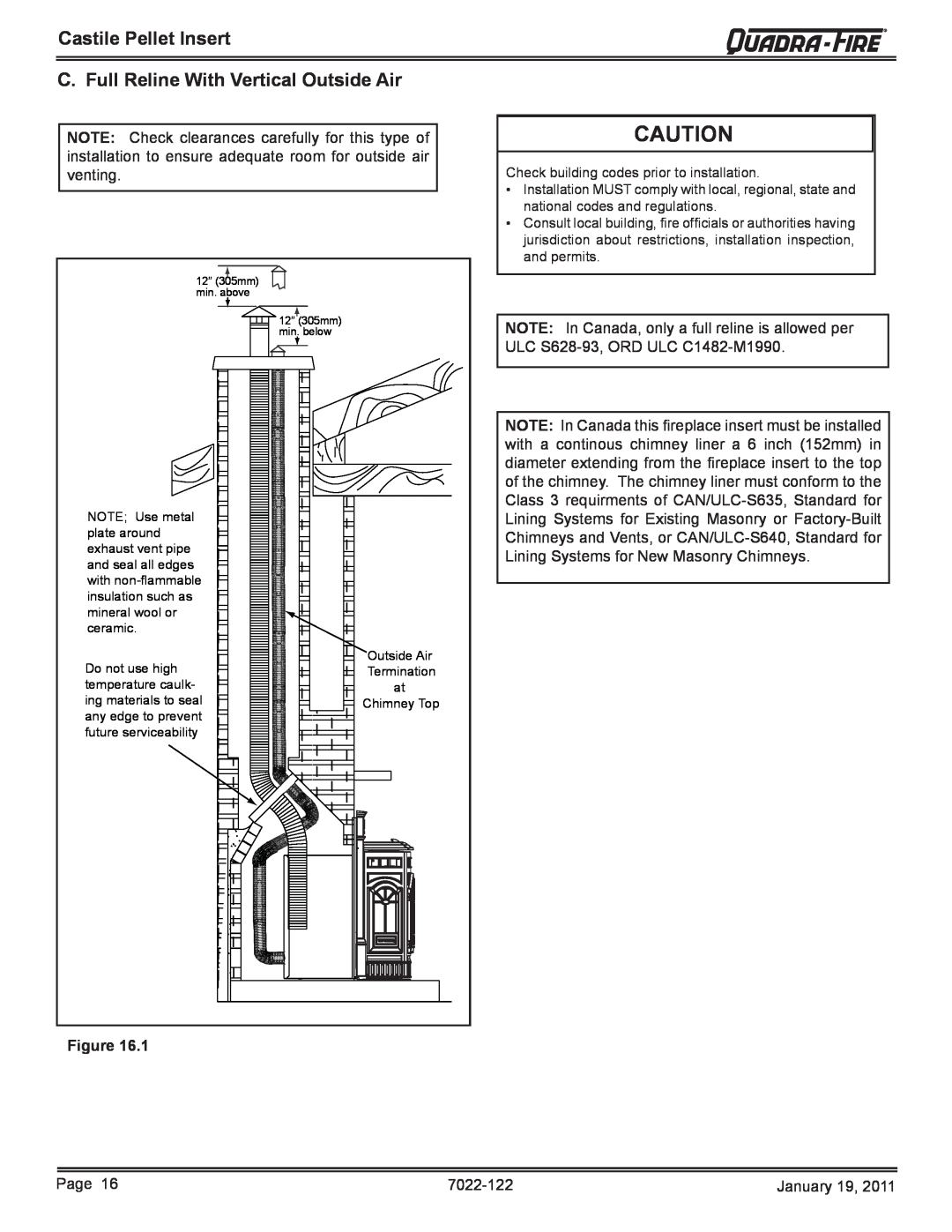 Quadra-Fire CASTILEI-MBK owner manual C. Full Reline With Vertical Outside Air, Castile Pellet Insert 