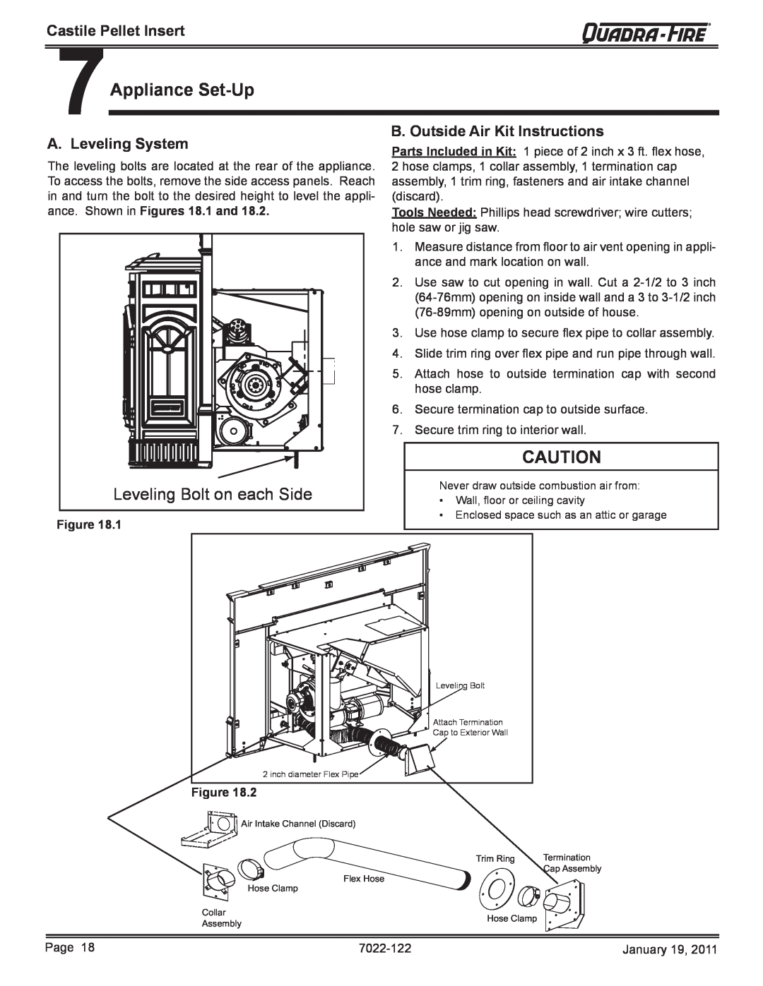 Quadra-Fire CASTILEI-MBK 7Appliance Set-Up, B. Outside Air Kit Instructions, A. Leveling System, Castile Pellet Insert 