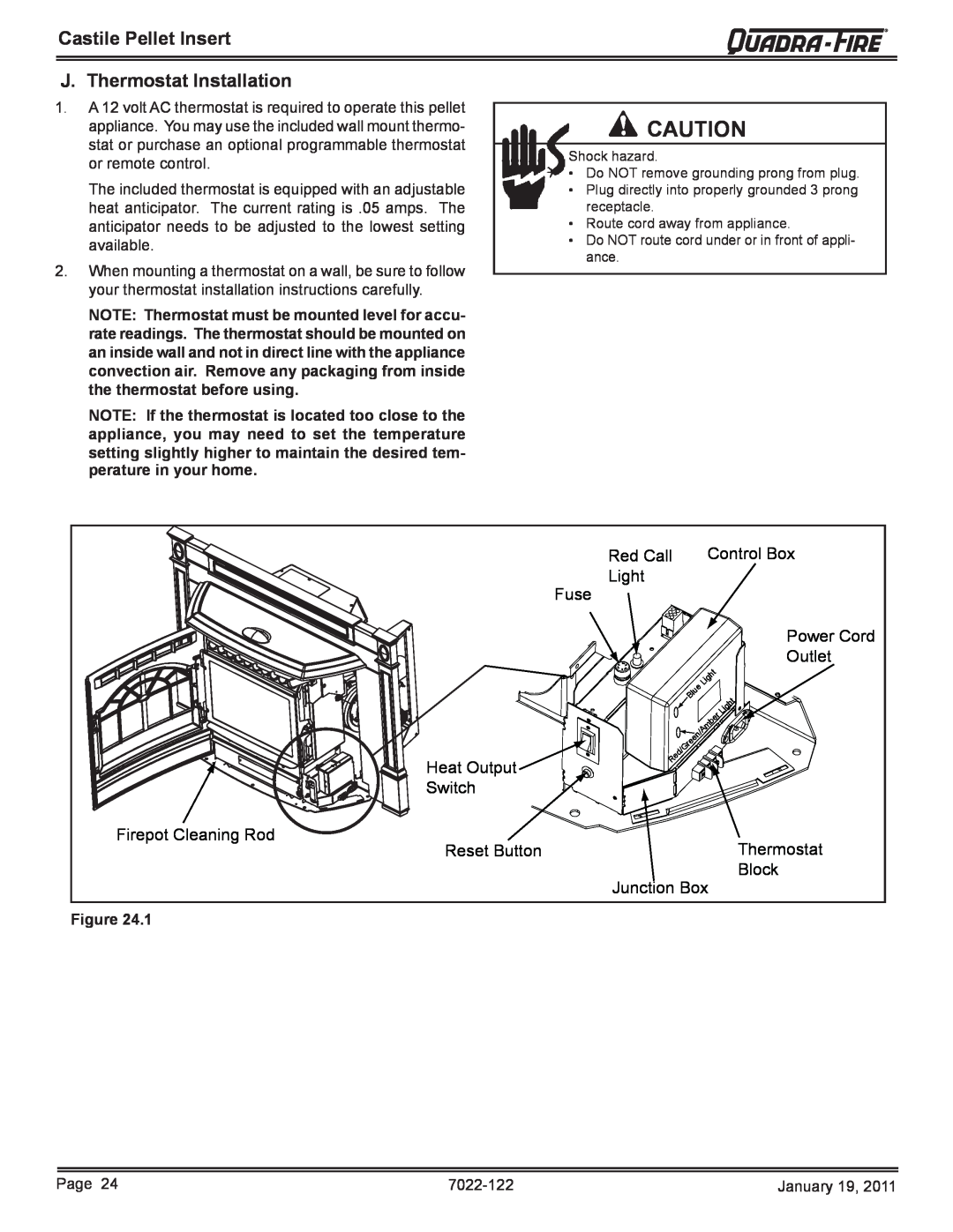 Quadra-Fire CASTILEI-MBK owner manual J. Thermostat Installation, Castile Pellet Insert 