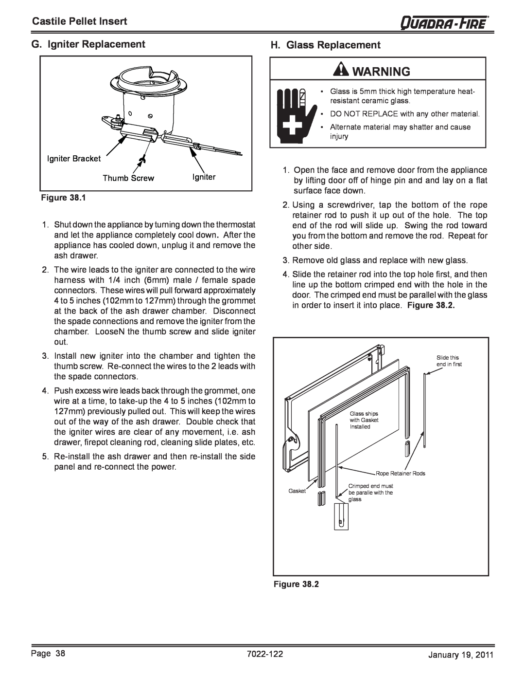 Quadra-Fire CASTILEI-MBK owner manual G. Igniter Replacement, H. Glass Replacement, Castile Pellet Insert, Figure 
