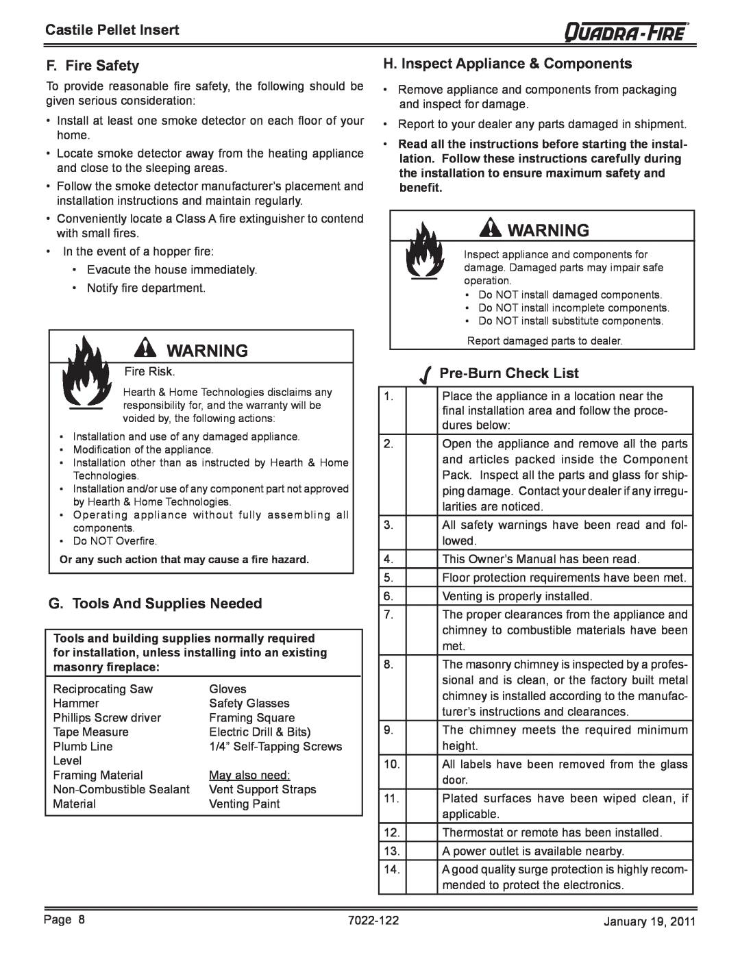Quadra-Fire CASTILEI-MBK owner manual F. Fire Safety, H. Inspect Appliance & Components, G. Tools And Supplies Needed 