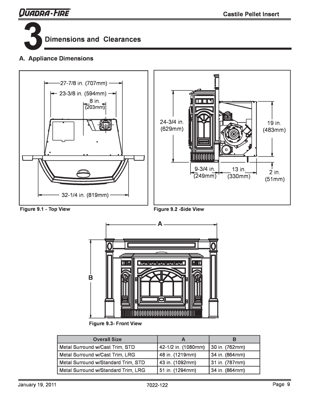 Quadra-Fire CASTILEI-MBK owner manual 3Dimensions and Clearances, A. Appliance Dimensions, Castile Pellet Insert 
