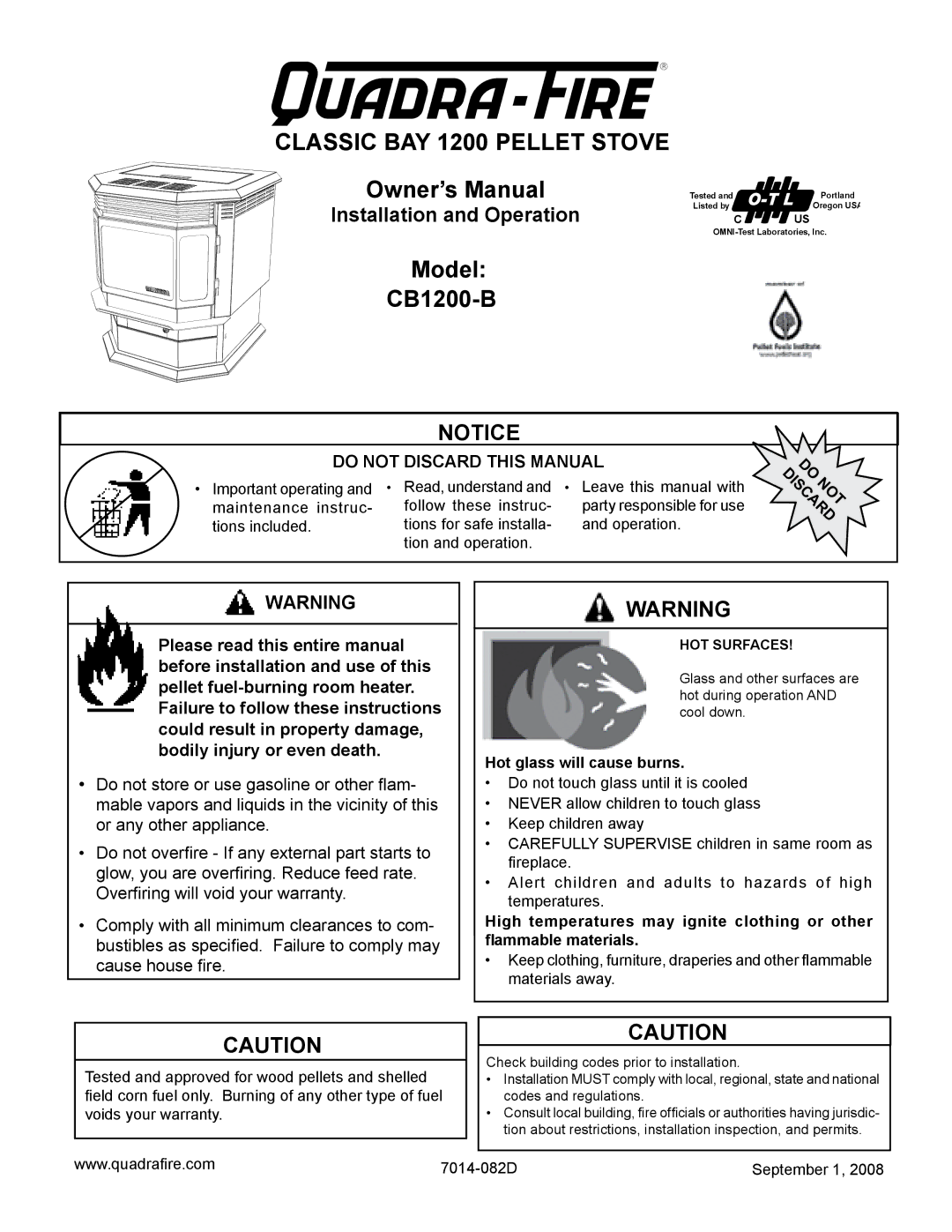 Quadra-Fire CB1200-B owner manual Classic BAY 1200 Pellet Stove, Hot glass will cause burns 