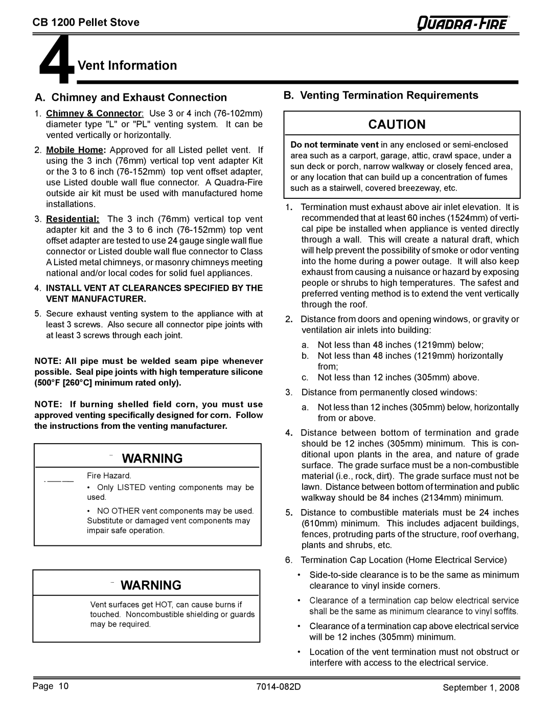 Quadra-Fire CB1200-B owner manual Vent Information, CB 1200 Pellet Stove 