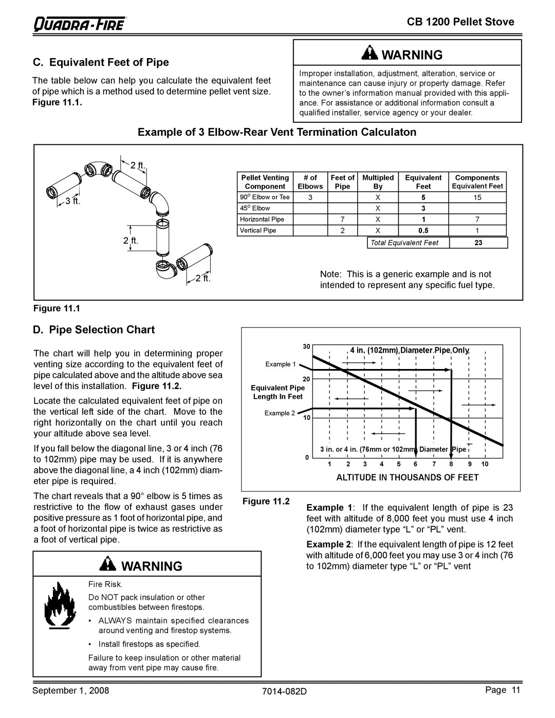 Quadra-Fire CB1200-B CB 1200 Pellet Stove Equivalent Feet of Pipe, Example of 3 Elbow-Rear Vent Termination Calculaton 