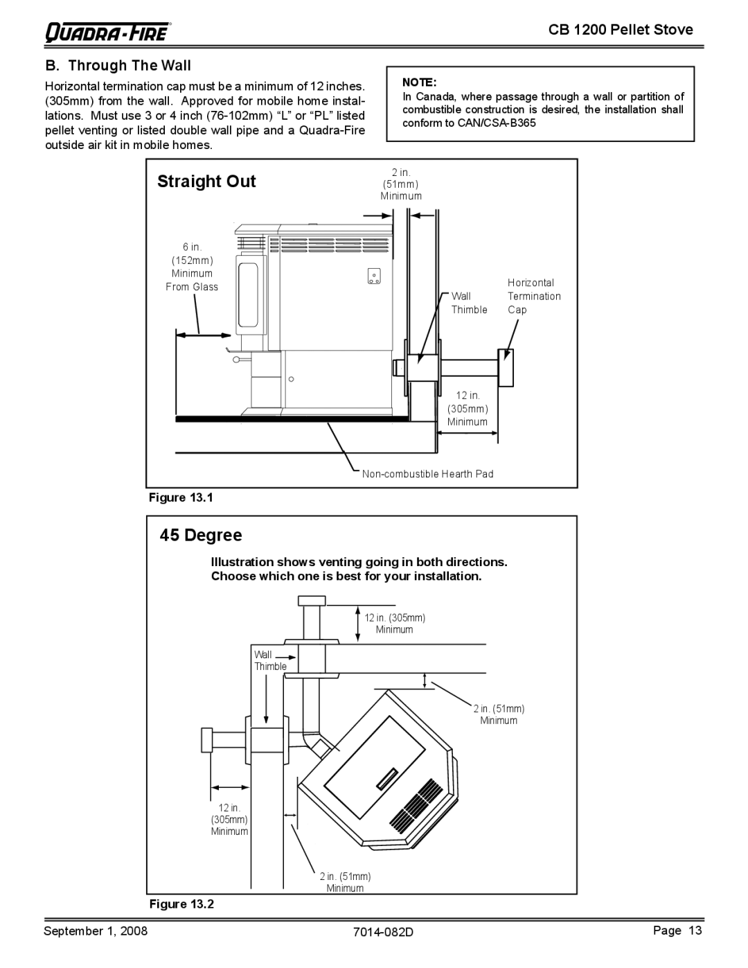 Quadra-Fire CB1200-B owner manual Straight Out, Degree, CB 1200 Pellet Stove Through The Wall 