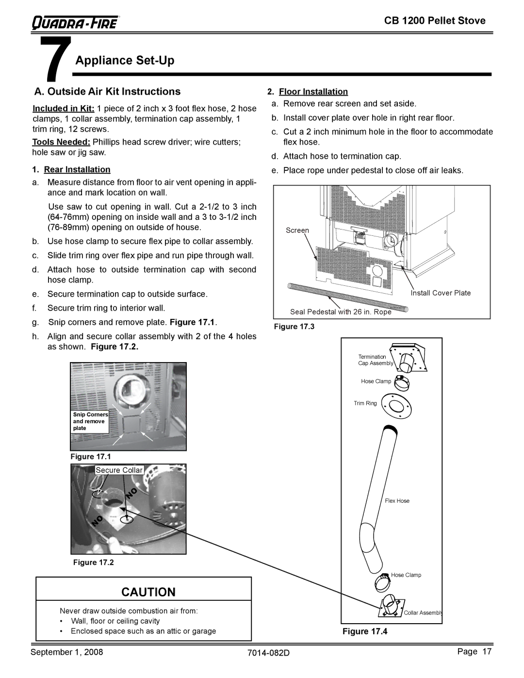 Quadra-Fire CB1200-B owner manual Appliance Set-Up, Outside Air Kit Instructions, Rear Installation Floor Installation 