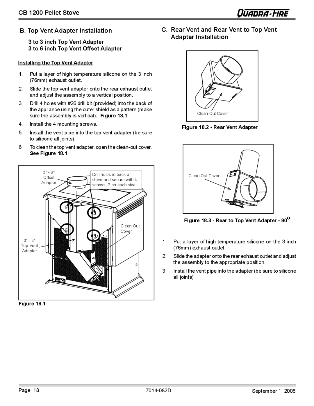 Quadra-Fire CB1200-B CB 1200 Pellet Stove Top Vent Adapter Installation, Installing the Top Vent Adapter, See Figure 