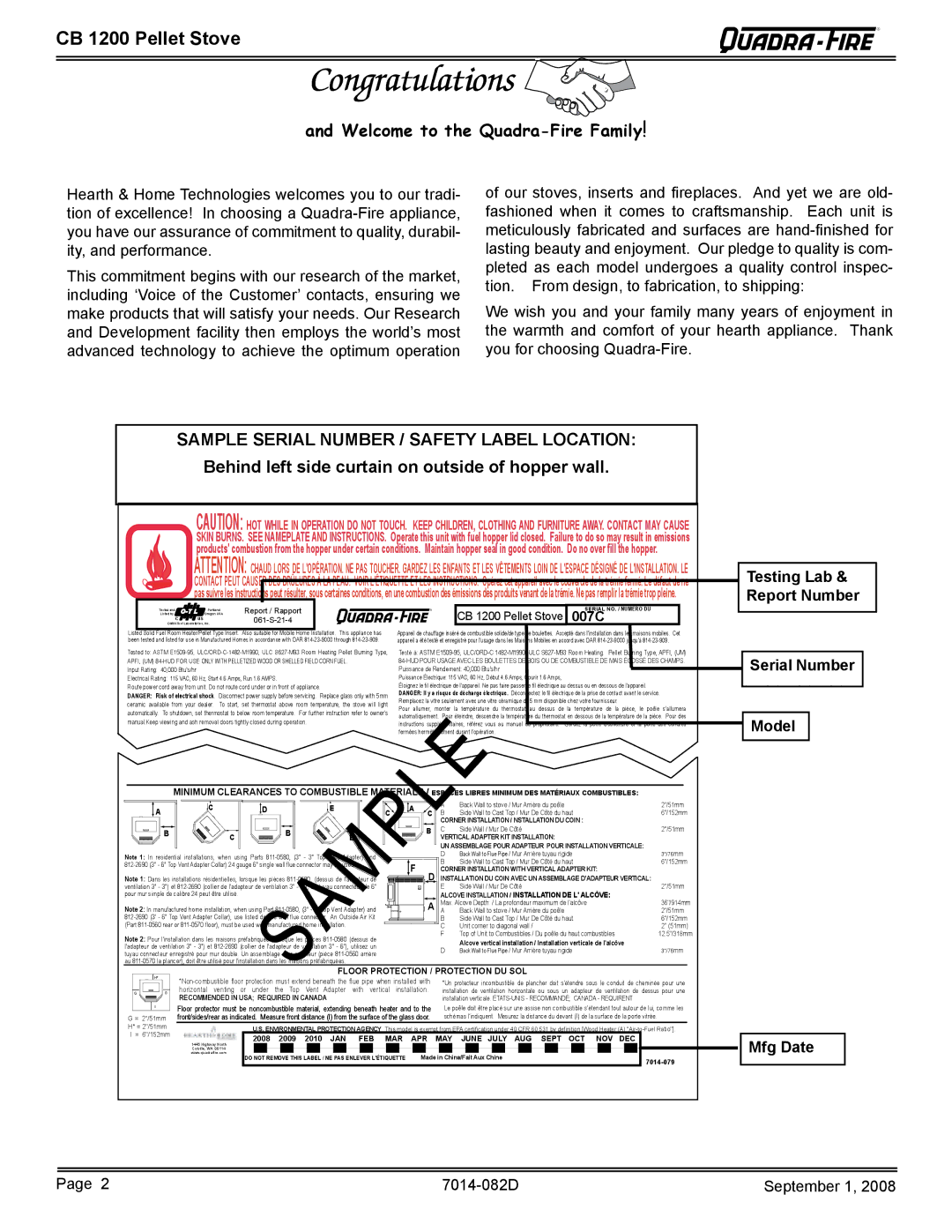 Quadra-Fire CB1200-B CB 1200 Pellet Stove, Behind left side curtain on outside of hopper wall, Testing Lab & Report Number 