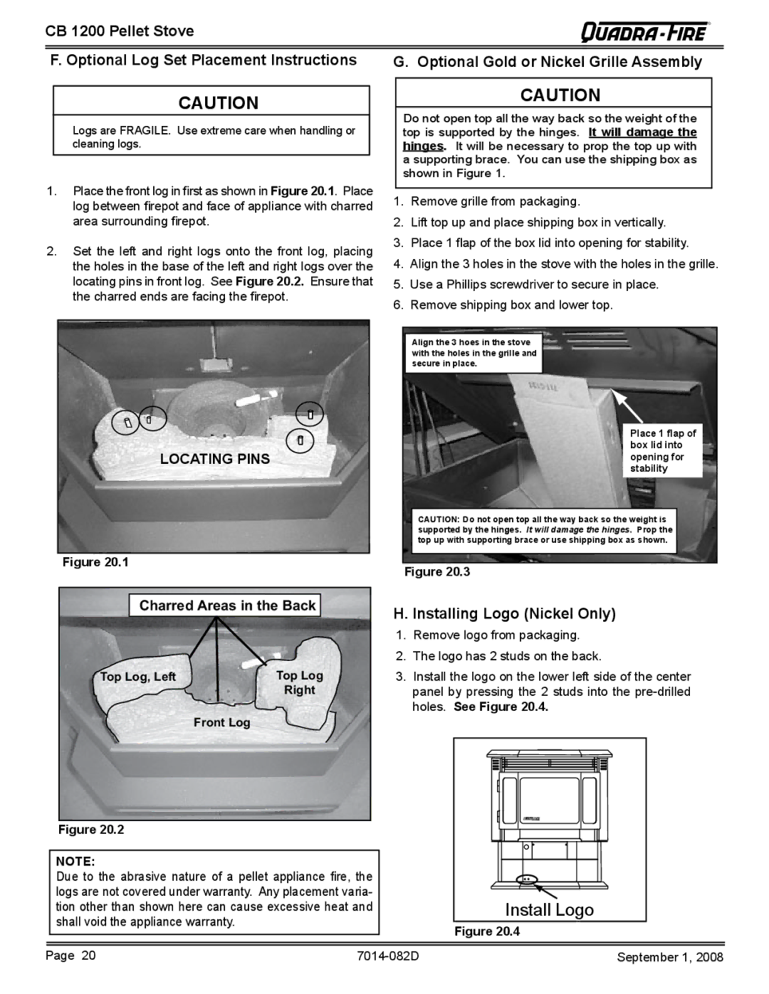 Quadra-Fire CB1200-B owner manual Installing Logo Nickel Only, Charred Areas in the Back, Top Log, Left, Right 