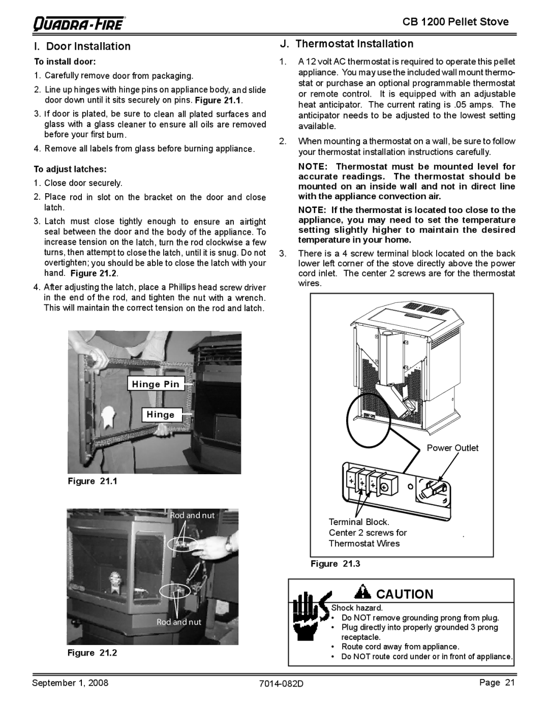 Quadra-Fire CB1200-B Door Installation, CB 1200 Pellet Stove Thermostat Installation, To install door, To adjust latches 