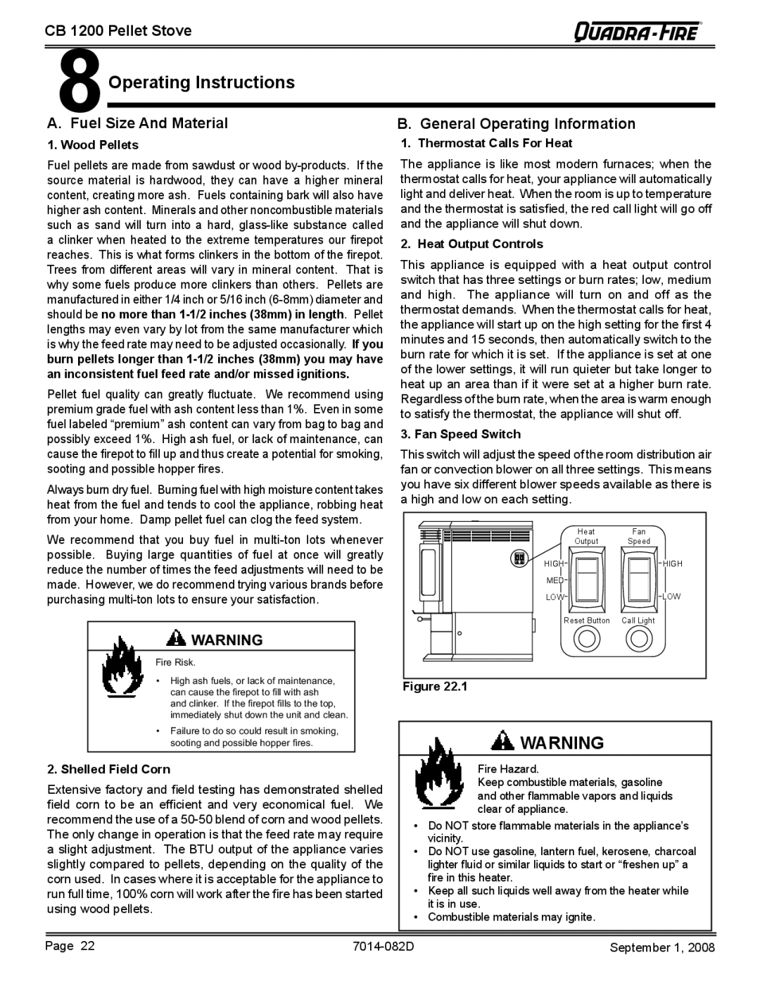 Quadra-Fire CB1200-B owner manual Operating Instructions, Fuel Size And Material General Operating Information 