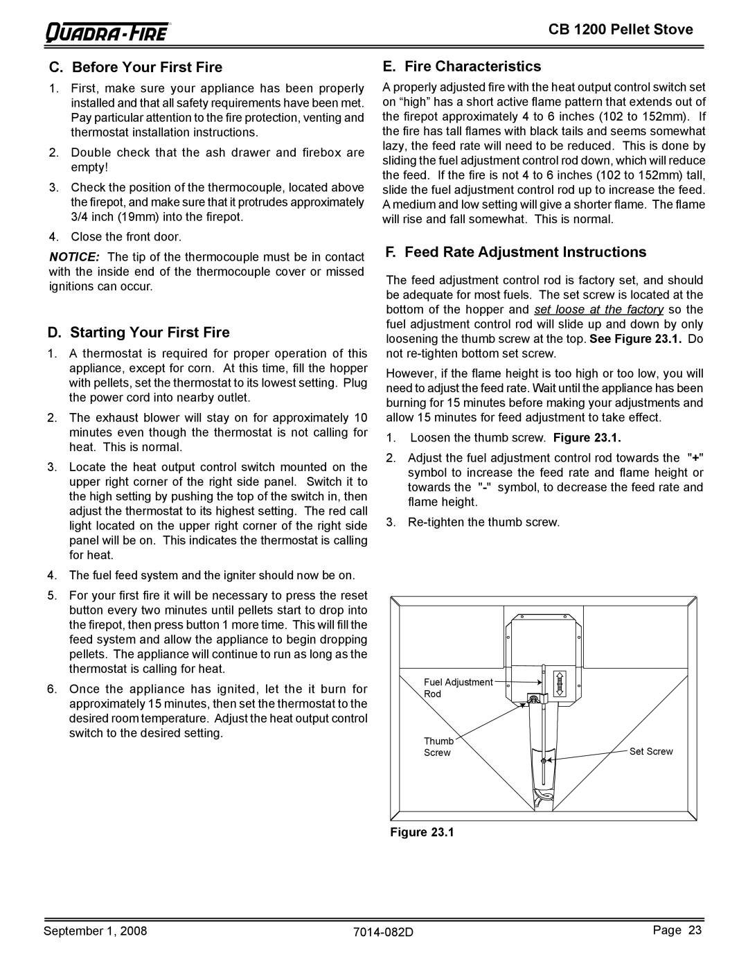 Quadra-Fire CB1200-B owner manual Starting Your First Fire, Feed Rate Adjustment Instructions 