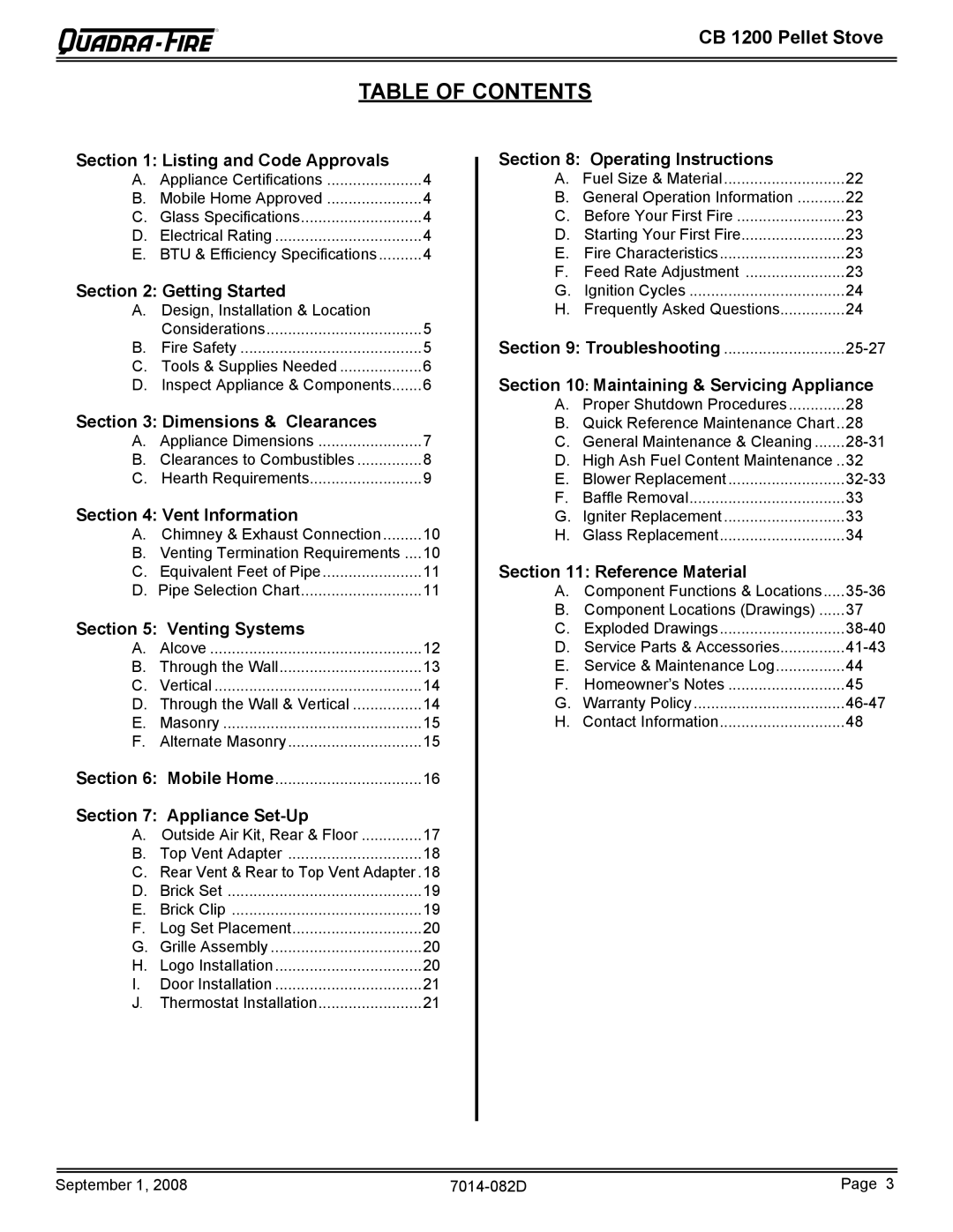 Quadra-Fire CB1200-B owner manual Table of Contents 