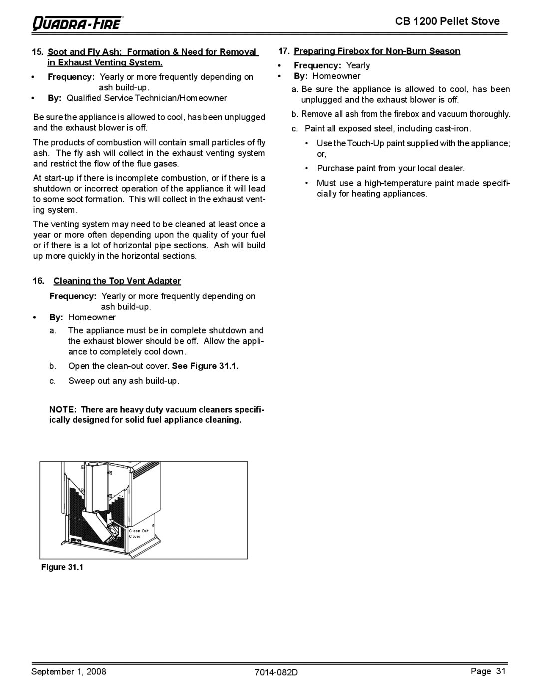 Quadra-Fire CB1200-B owner manual Cleaning the Top Vent Adapter, Preparing Firebox for Non-Burn Season Frequency Yearly 